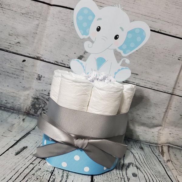 Mini Diaper Cake Little Peanut Elephant Theme - Pink Yellow Eucalyptus Green Blue and Gray Elephant Baby Shower Centerpiece Virtual