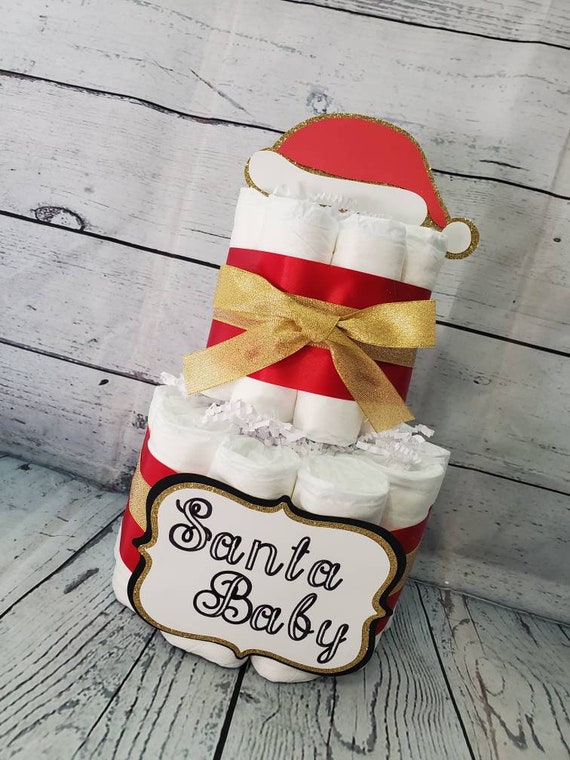 2 Tier Diaper Cake - Santa Baby Theme Red and Gold - Red White Winter Theme Christmas Xmas Baby Shower Centerpiece