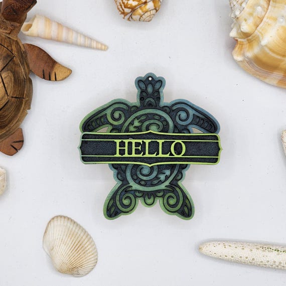 Hello Sea Turtle Car Vent Clip with Diffuser foam pad Green Blue Black - Simple Gifts, 3" Wood decor, Mothers Day Gift Grandparents Gift