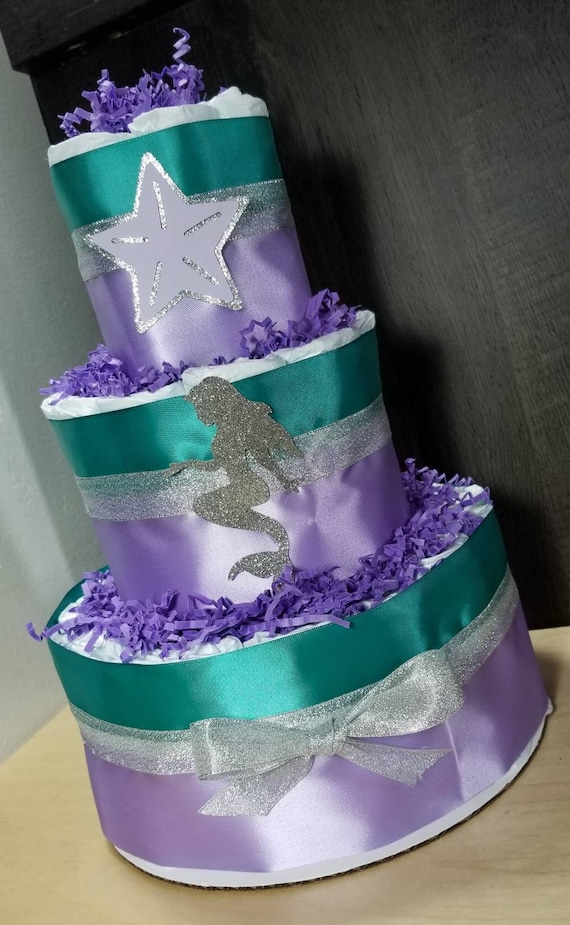 3 Tier Diaper Cake - Little Mermaid Theme - Teal Purple and Silver, Coral Pink Purple and Gold Baby Shower Centerpiece