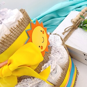 2 Tier Diaper Cake Here Comes the Son Theme Turquoise Coral Yellow and Burlap with Sunshine Summer Fun Baby Shower Centerpiece image 4