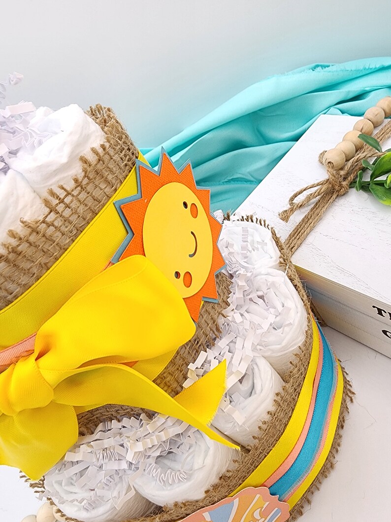 2 Tier Diaper Cake Here Comes the Son Theme Turquoise Coral Yellow and Burlap with Sunshine Summer Fun Baby Shower Centerpiece image 4