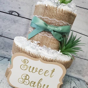 2 Tier Diaper Cake and mini 3 piece set Succulent theme Eucalyptus Green with Burlap Diaper Cake for Baby Shower / Neutral Shower image 2