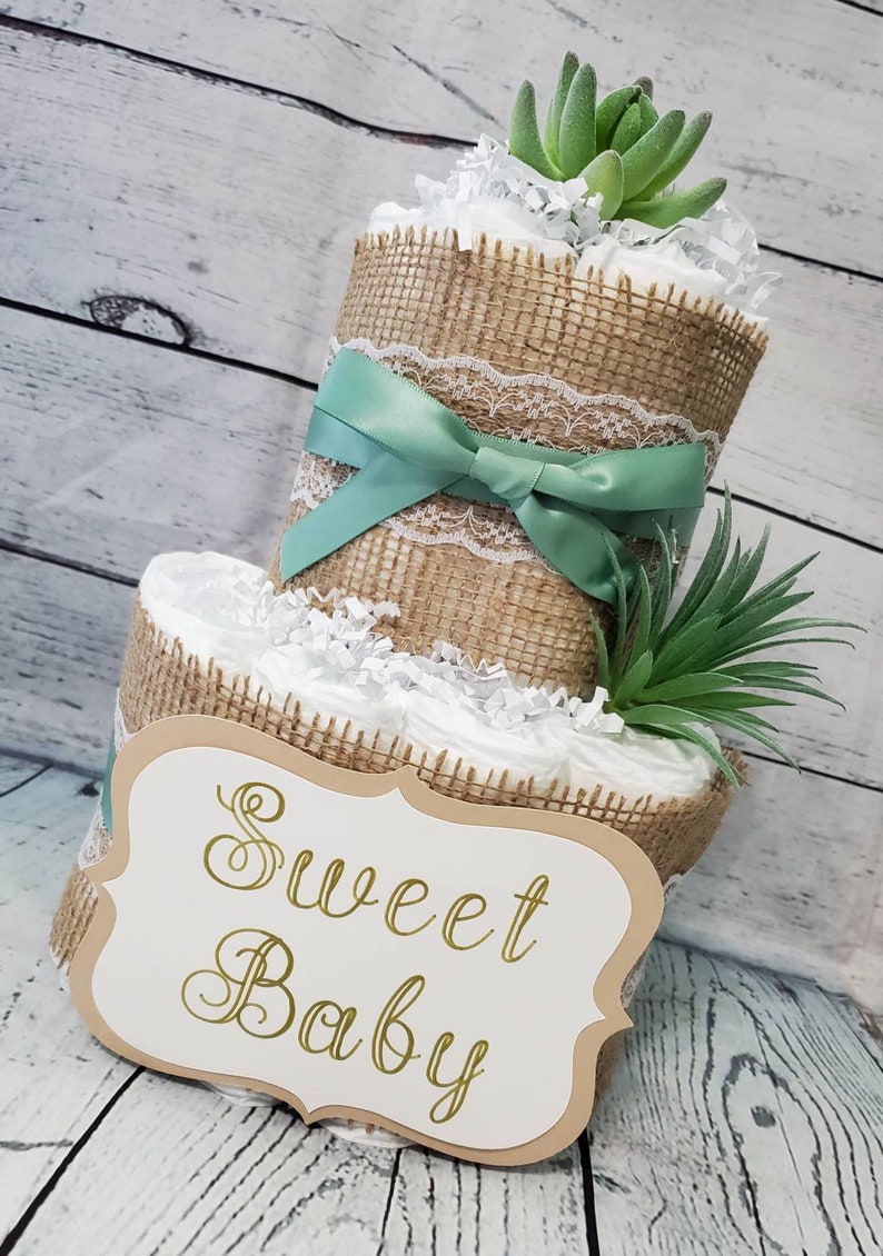 2 Tier Diaper Cake and mini 3 piece set Succulent theme Eucalyptus Green with Burlap Diaper Cake for Baby Shower / Neutral Shower image 2