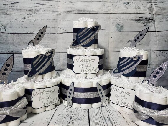 3 Tier Diaper Cake 5 piece set - Welcome to World Outer Space Theme Burlap Navy and Silver Saturn and Rockets Baby Shower Centerpiece