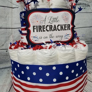 3 Tier Diaper Cake 3 piece set Red White Blue Firecracker theme Diaper Cake for Baby Shower / 4th of July Shower Centerpiece Stars Stripes image 4