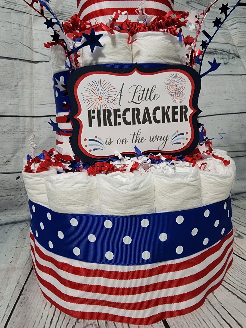 3 Tier Diaper Cake 3 piece set Red White Blue Firecracker theme Diaper Cake for Baby Shower / 4th of July Shower Centerpiece Stars Stripes image 4