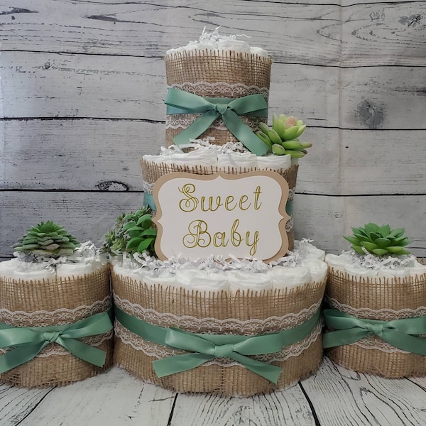 3 Tier Diaper Cake and mini 3 piece set - Succulent theme Eucalyptus Green with Burlap Diaper Cake for Baby Shower / Neutral Shower