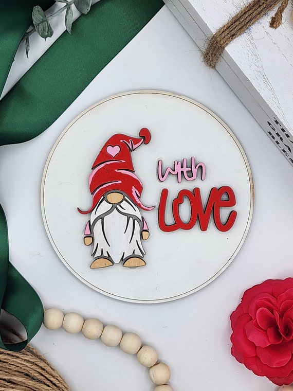 Love Valentine Gnome - 6" Round INSERT ONLY - Valentine Day Theme, Red White Pink Signs for Interchangeable Round Frame
