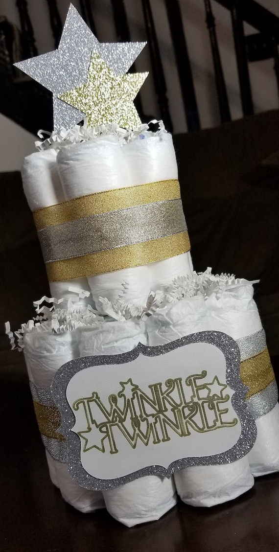 Twinkle Twinkle Silver and Gold Neutral Diaper Cake - 2 Tier Diaper Cake - Baby Shower Centerpiece - Star Diaper Cake - Rustic Diaper Cake