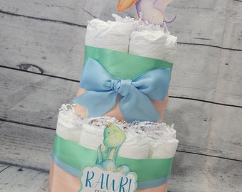 2 Tier Diaper Cake - Dinosaur Theme - Blue and Green Peach Dino Baby Shower Centerpiece Virtual Baby Shower RAWR Means Love