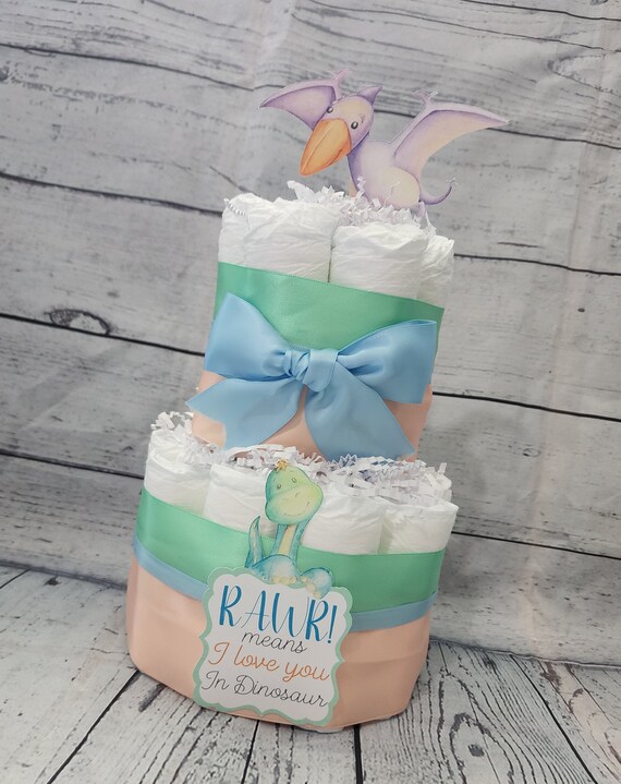 2 Tier Diaper Cake - Dinosaur Theme - Blue and Green Peach Dino Baby Shower Centerpiece Virtual Baby Shower RAWR Means Love