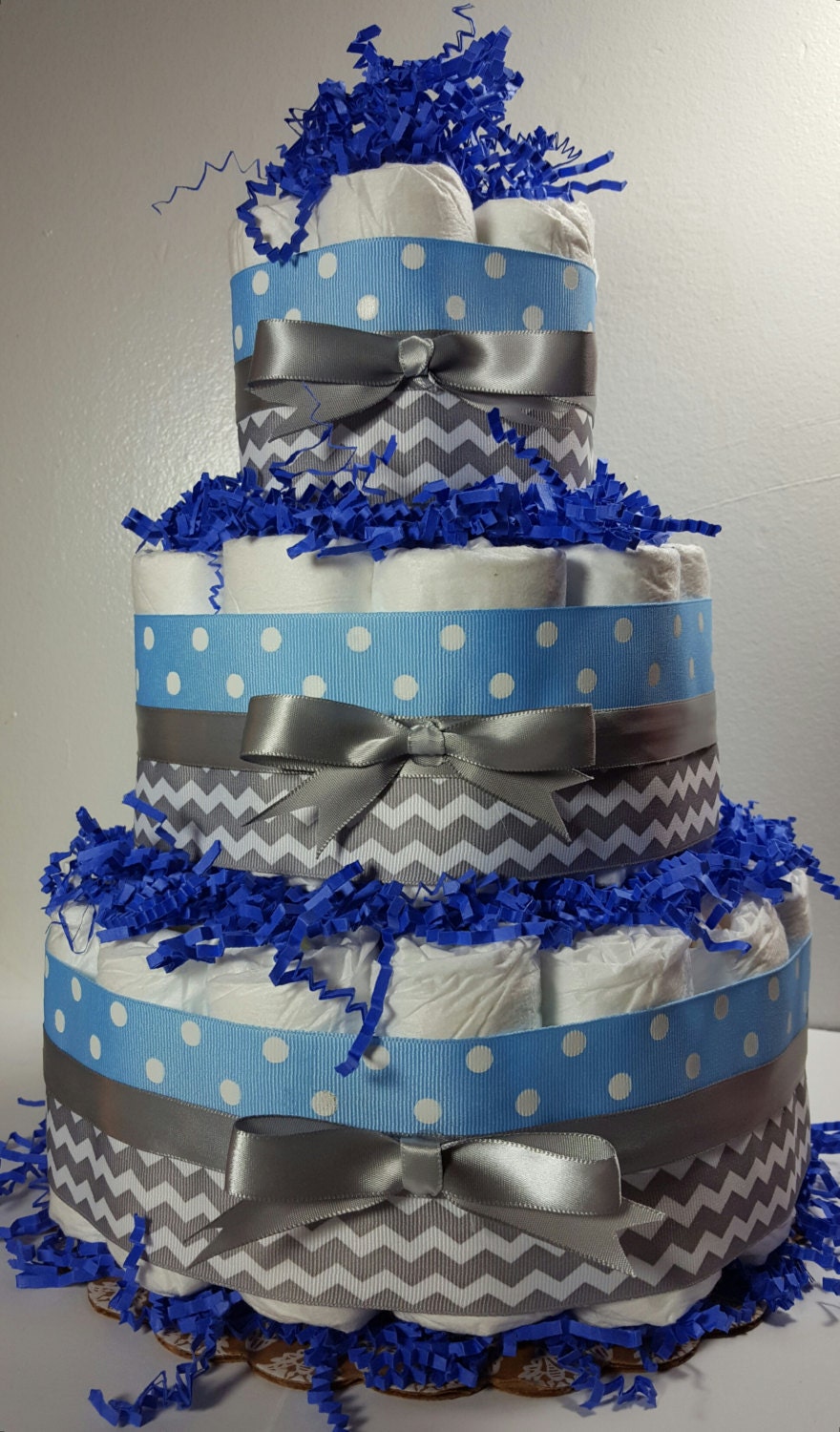 3 Tier Diaper Cake Blue Chevron & Polka Dot Boy Baby Shower Centerpiece 