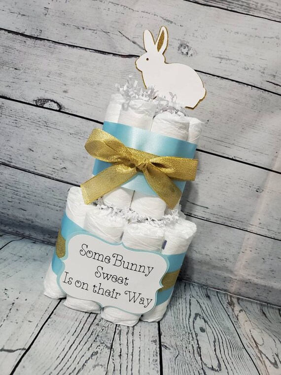 Sweet Bunny 2 Tier Diaper Cake - Pink & Blue Baby Shower Centerpiece - Some Bunny Theme