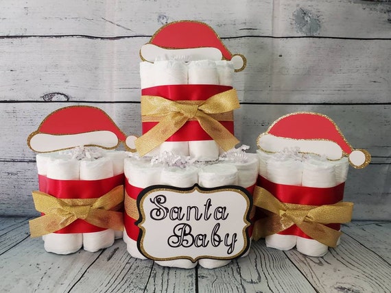 2 Tier Diaper Cake and mini 3 piece set - Santa Baby Theme Red and Gold Red and White - Winter Theme Christmas Xmas Baby Shower Centerpiece