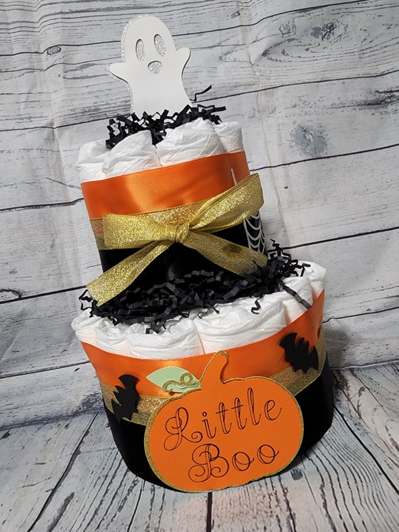 2 Tier Diaper Cake - Little Boo Pumpkin Theme - Gold Black and Orange Ghost Spiderweb Bats Halloween Baby Shower Centerpiece