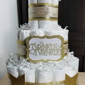 Twinkle Twinkle Gold and White Silver Neutral 3 Tier Diaper Cake Diaper Cake Baby Shower Diaper Cake Centerpiece Twinkle Diaper Cake image 6