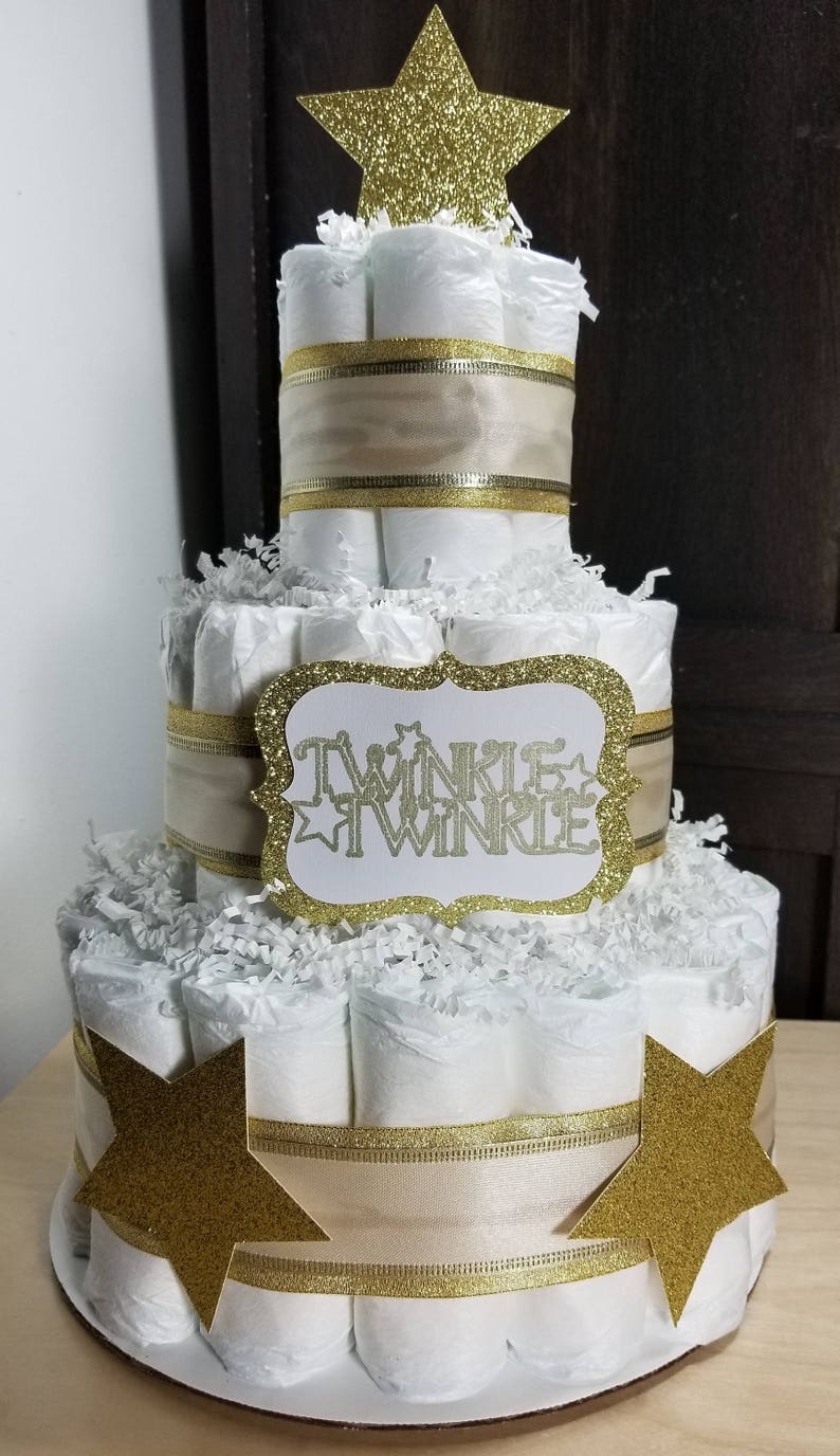 Twinkle Twinkle Gold and White Silver Neutral 3 Tier Diaper Cake Diaper Cake Baby Shower Diaper Cake Centerpiece Twinkle Diaper Cake image 6