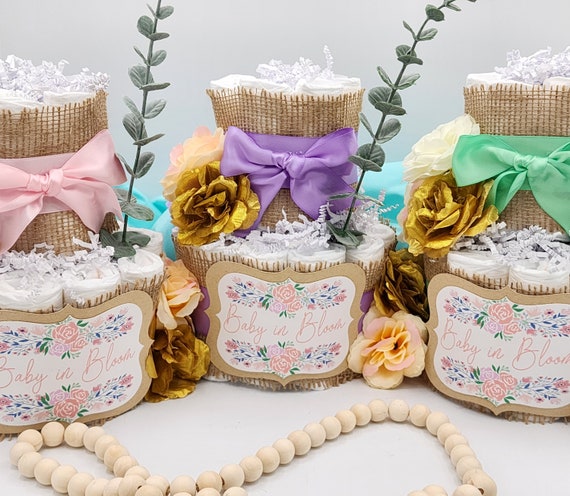 2 Tier Diaper Cake - Baby in Bloom Spring Theme with Sea Green, Lilac Purple, Blush Pink with Flowers and Gold Baby Shower Centerpiece