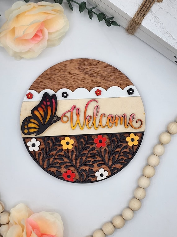 Welcome Butterflies - 6" Round INSERT ONLY - Butterfly and Flowers Welcome Sign, Home Decor, Signs for Interchangeable Round Frame
