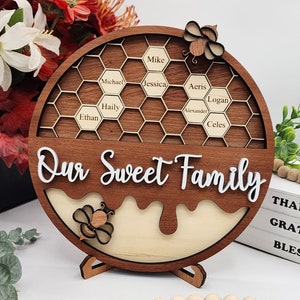 Personalized Bee Hive Family Tree Plaque, Custom Bee Family Gift For Grandma Grandbabees Sign, Mothers Day Gift Grandparents Gift Home Decor Round 9.5"
