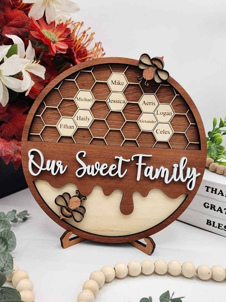 Personalized Bee Hive Family Tree Plaque, Custom Bee Family Gift For Grandma Grandbabees Sign, Mothers Day Gift Grandparents Gift Home Decor Round 9.5"