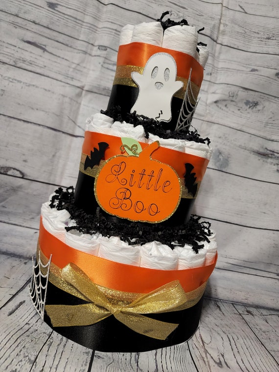 3 Tier Diaper Cake - Little Boo Pumpkin Theme - Gold Black and Orange Ghost Spiderweb Bats Halloween Baby Shower Centerpiece