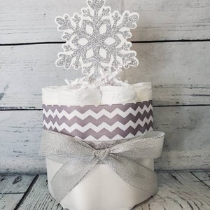 2 Tier Diaper Cake and mini 3 piece set Baby it's Cold Outside Theme Silver Snowflakes Red Blue Pink Winter Theme Baby Shower image 7