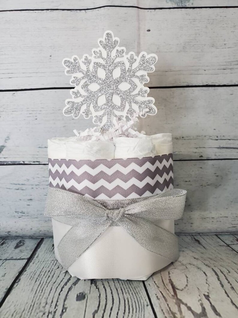 2 Tier Diaper Cake and mini 3 piece set Baby it's Cold Outside Theme Silver Snowflakes Red Blue Pink Winter Theme Baby Shower image 7