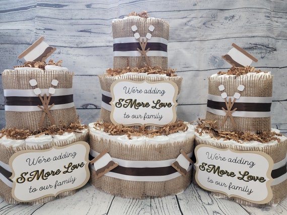 3 Tier Diaper Cake 3 piece set - S'More Love Theme - Chocolate Brown Marshmallow Smore with Burlap Campfire Baby Shower Centerpiece