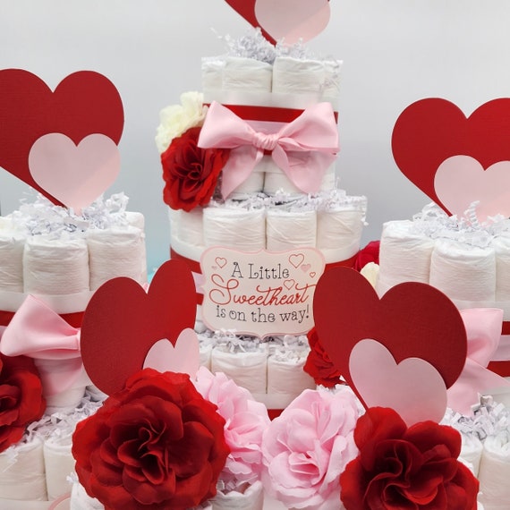 3 Tier Diaper Cake 5 piece set - A Little Sweetheart is on the Way Valentines Diaper Cake for Baby Shower / Red, Pink on White with Hearts