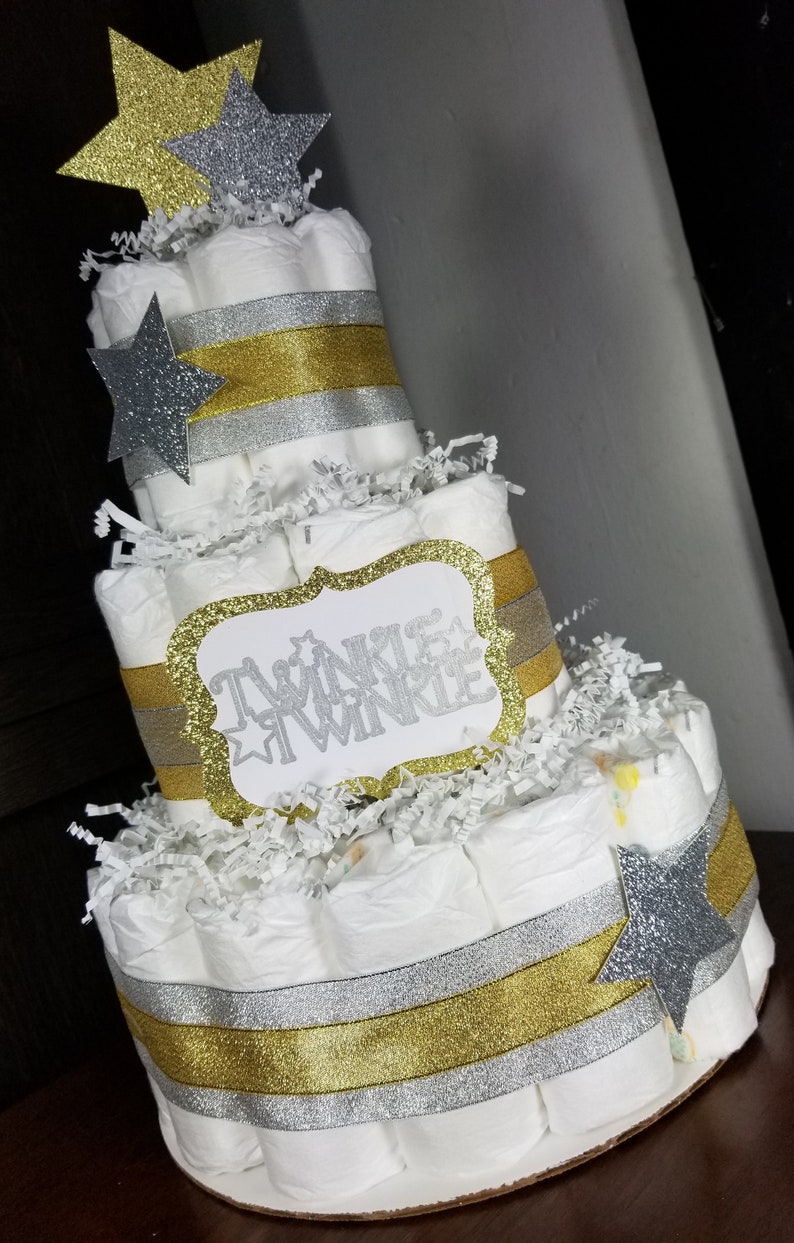 Twinkle Twinkle Gold and White Silver Neutral 3 Tier Diaper Cake Diaper Cake Baby Shower Diaper Cake Centerpiece Twinkle Diaper Cake Gold Star w/Silver