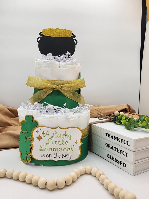 2 Tier Diaper Cake -  A Lucky Little Shamrock is on the Way! Theme - Green and Gold Clovers Pot of Gold Baby Shower Centerpiece
