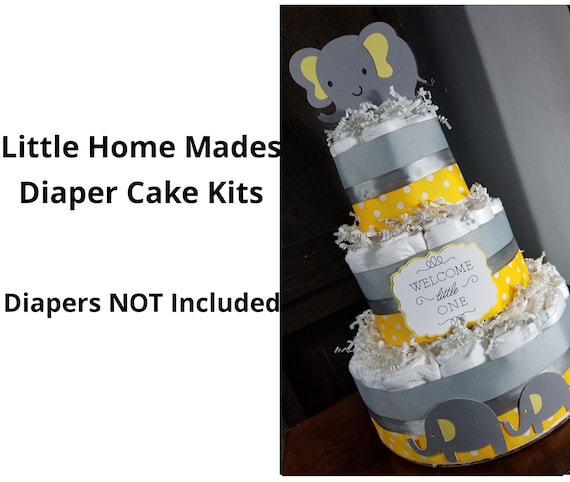 Elephant Diaper Cake Kit for Baby Gender Neutral Baby Shower / Yellow and Silver / DIY elephant ribbon cutout kit - Diapers Not Included