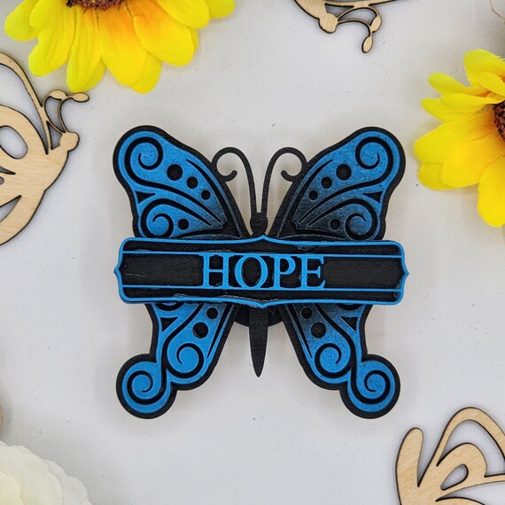 Hope Butterfly Car Vent Clip with Diffuser foam pad Blue Black - Simple Gifts, 3" Wood decor, Mothers Day Gift Grandparents Gift Home