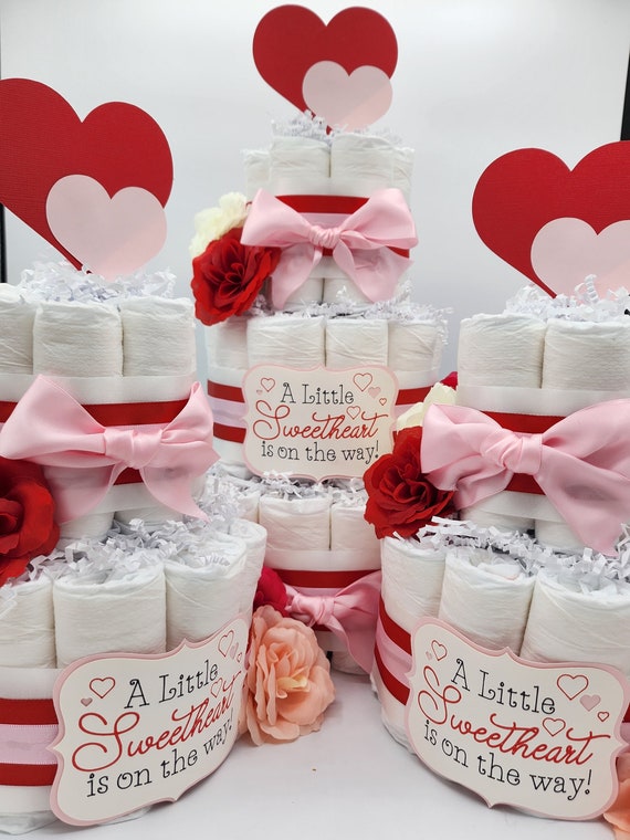 3 Tier Diaper Cake 3 piece set - A Little Sweetheart is on the Way Valentines Theme - Hearts Pink Red and White Baby Shower Centerpiece