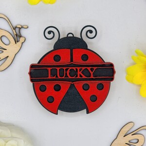 May include: A red and black ladybug with black spots and a black banner across the middle that says "LUCKY".