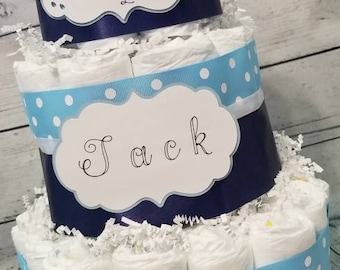 3 Tier Diaper Cake - Custom Navy  Blue Pink White Showered with Love Diaper Cake for Girl Boy Baby Shower Centerpiece /Personalized Gift