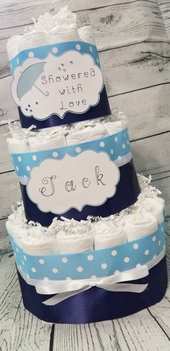 3 Tier Diaper Cake - Custom Navy  Blue Pink White Showered with Love Diaper Cake for Girl Boy Baby Shower Centerpiece /Personalized Gift