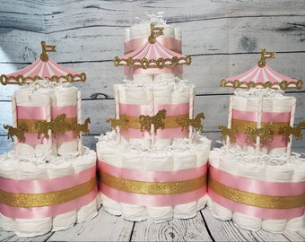 3 Tier Diaper Cake 3 piece set - Merry Go Round Carousel Theme - Pink Blue Gold and Silver Baby Shower Centerpiece Virtual Baby Shower