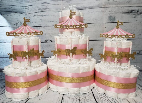 3 Tier Diaper Cake 3 piece set - Merry Go Round Carousel Theme - Pink Blue Gold and Silver Baby Shower Centerpiece Virtual Baby Shower