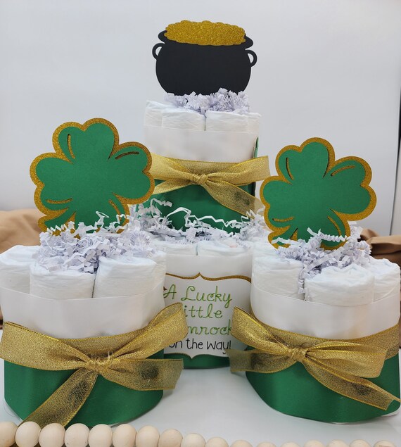 2 Tier Diaper Cake and mini 3 piece set -  A Lucky Little Shamrock is on the Way! Theme - Green and Gold Baby Shower Centerpiece