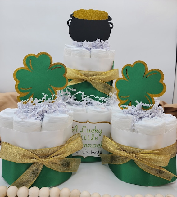 2 Tier Diaper Cake and mini 3 piece set -  A Lucky Little Shamrock is on the Way! Theme - Green and Gold Baby Shower Centerpiece