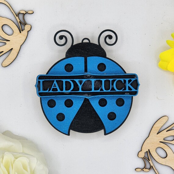 Lady Luck Ladybug Car Vent Clip with Diffuser foam pad Blue Black - Simple Gifts, 3" Wood decor, Mothers Day Gift Grandparents Gift Home