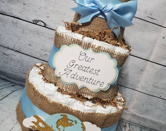 Our Greatest Adventure World Travel Theme - 3 Tier Diaper Cake - Blue and Brown Burlap Baby Shower Centerpiece