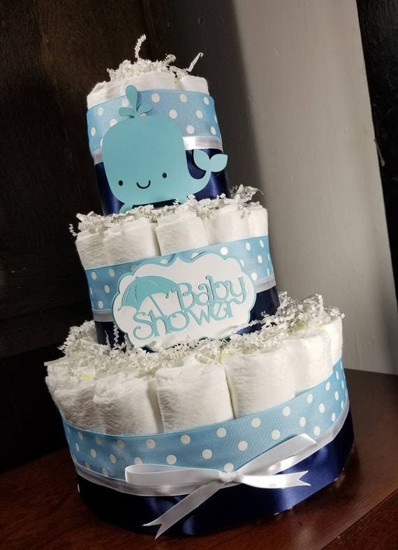 3 Tier Diaper Cake - Whale Theme - Navy Blue and White Diaper Cake Baby Shower Centerpiece