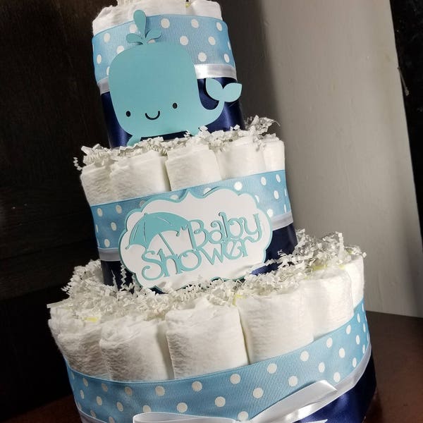 3 Tier Diaper Cake - Whale Theme - Navy Blue and White Diaper Cake Baby Shower Centerpiece