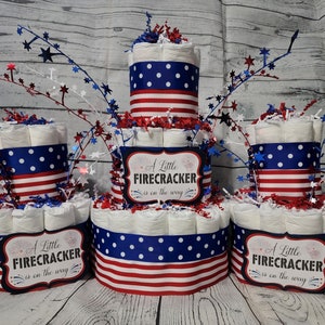 3 Tier Diaper Cake 3 piece set Red White Blue Firecracker theme Diaper Cake for Baby Shower / 4th of July Shower Centerpiece Stars Stripes image 1