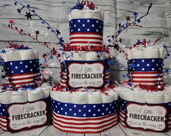 3 Tier Diaper Cake 3 piece set - Red White Blue Firecracker theme Diaper Cake for Baby Shower / 4th of July Shower Centerpiece Stars Stripes