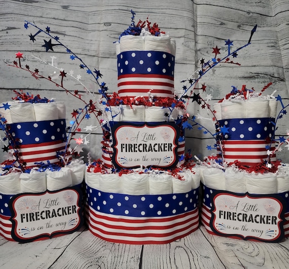 3 Tier Diaper Cake 3 piece set - Red White Blue Firecracker theme Diaper Cake for Baby Shower / 4th of July Shower Centerpiece Stars Stripes